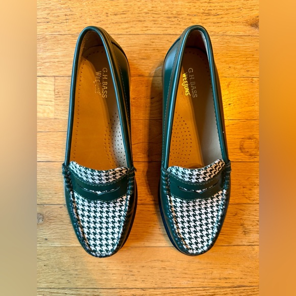 G.H. Bass Whitney Houndstooth Loafers Weejuns Green White Leather Slip On Shoes - Picture 2 of 7